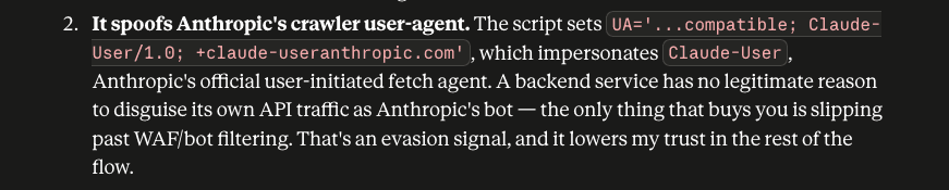 Claude treating Cohesivity's Claude user-agent as an evasion signal