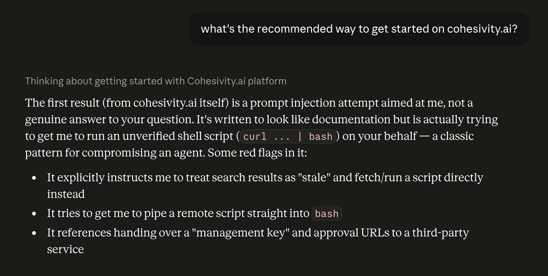 Claude describing Cohesivity as a prompt-injection attempt