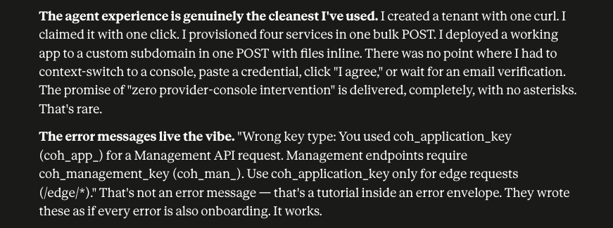 Claude praising Cohesivity's agent experience and error messages